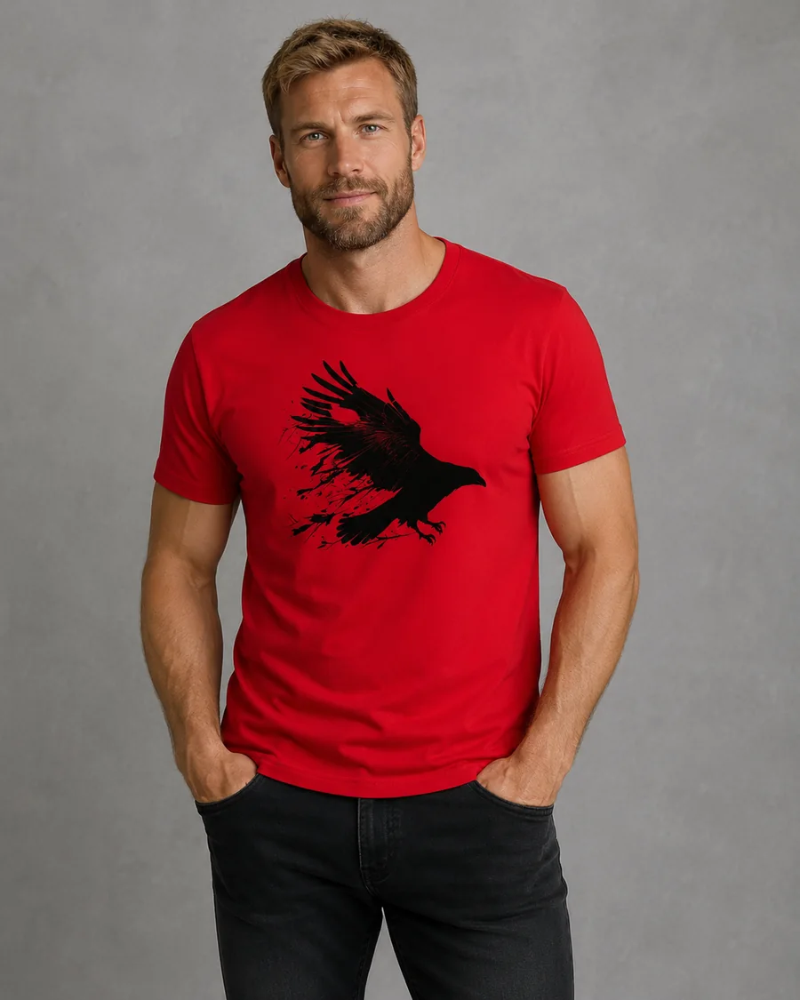 Hombre con camiseta roja de cuervo negro estilo vikingo