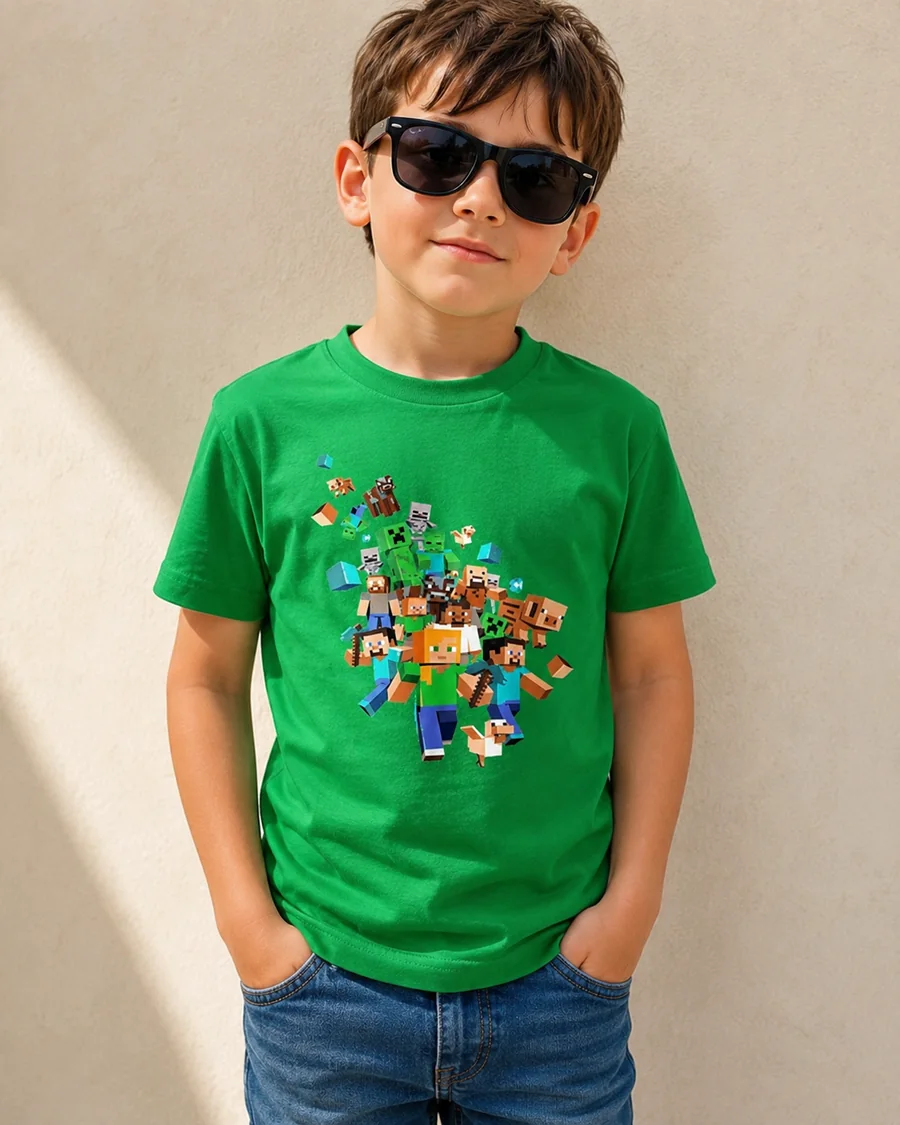 Niño con camiseta verde de Minecraft