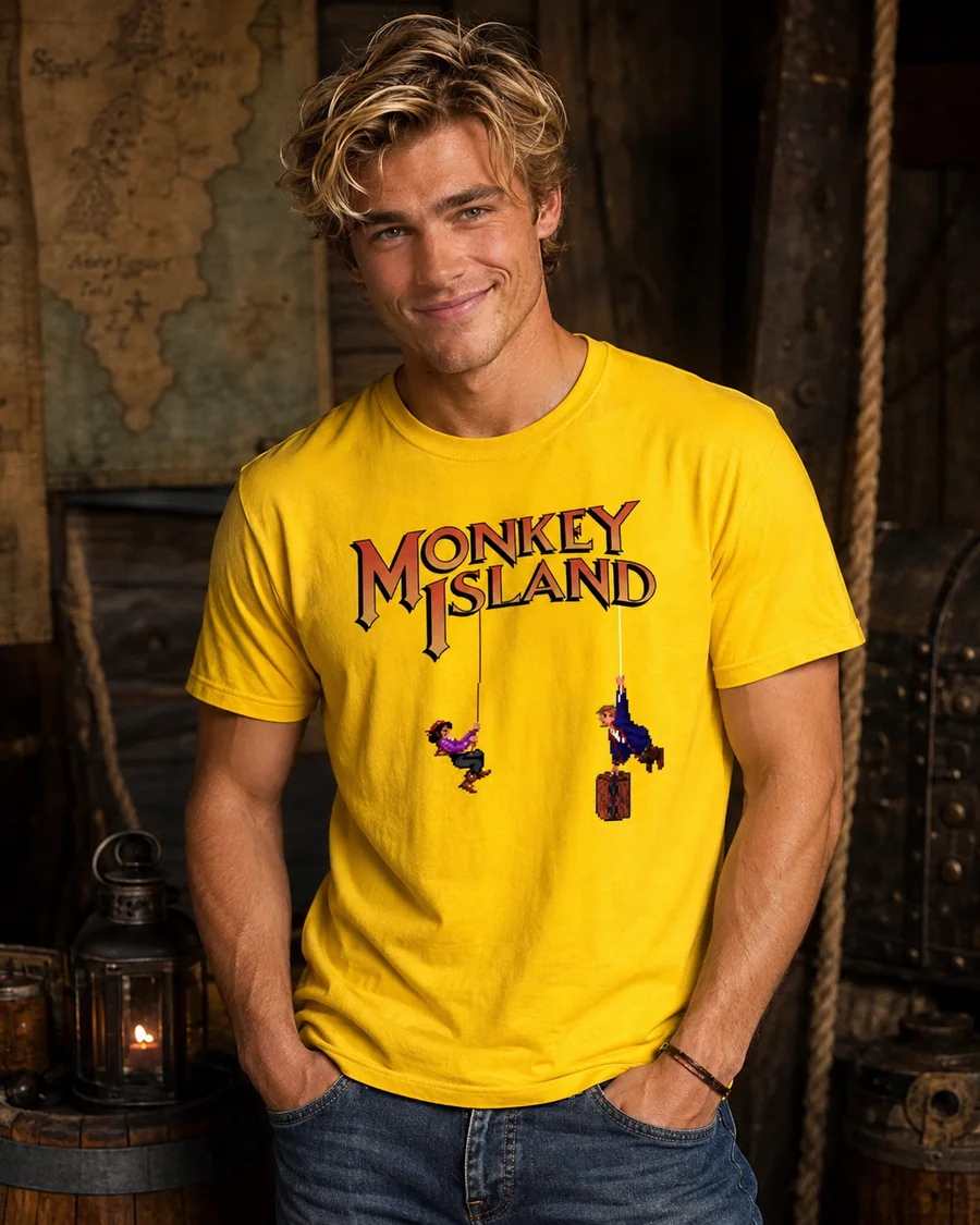 Hombre con camiseta amarilla Monkey Island Guybrush y Elaine