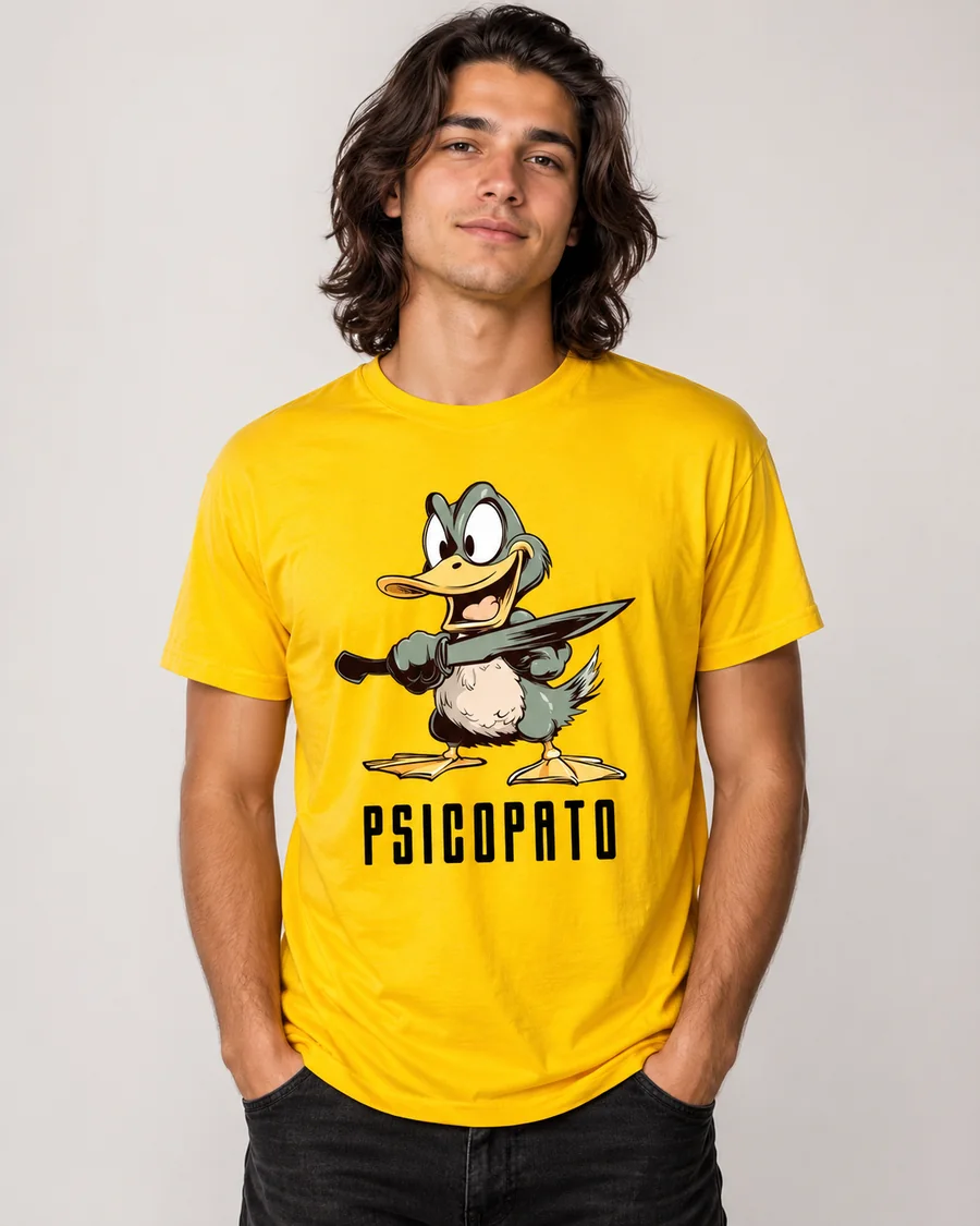Hombre con camiseta amarilla Psicopato con pato de dibujos